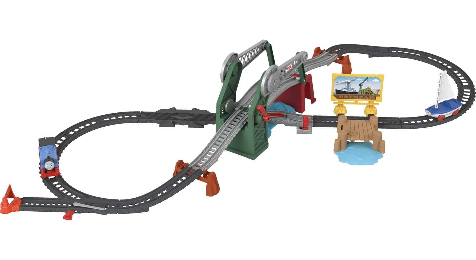 Fisher-Price Thomas & Friends Bridge Lift Thomas & Skiff train set with motorized engine and toy boat for preschool kids ages 3 years and up