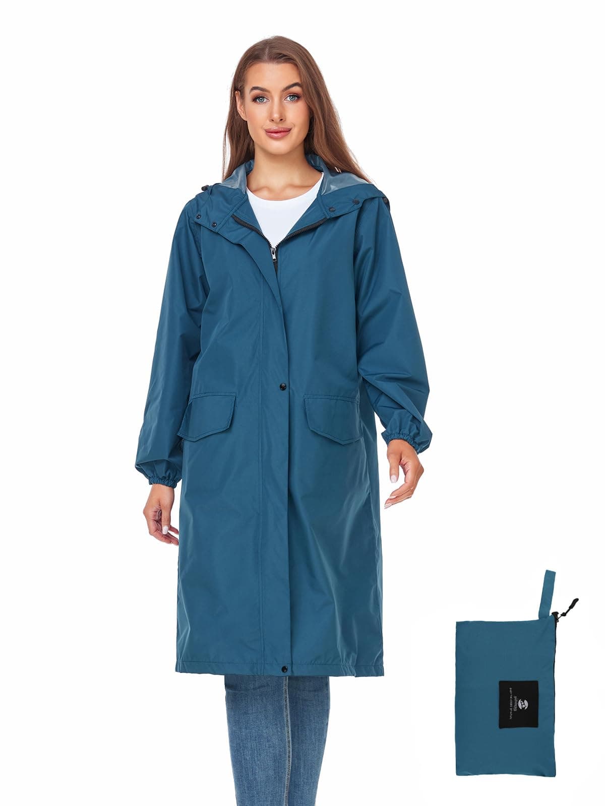 Women's Long Rain Jacket Waterproof Lightweight Hooded Raincoat Packable Knee Length Rain coat