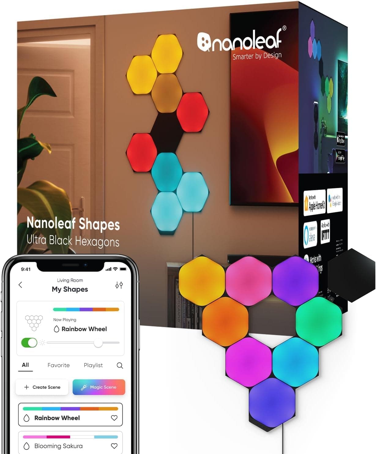 Nanoleaf Shapes Black Hexagon NL42-0103HX-9PK Starter Pack, 9 Pieces, Easy Installation, 16.8 Million Colors, RGBCW Multicolor, Smart Light, Gaming Light Panel, Interior