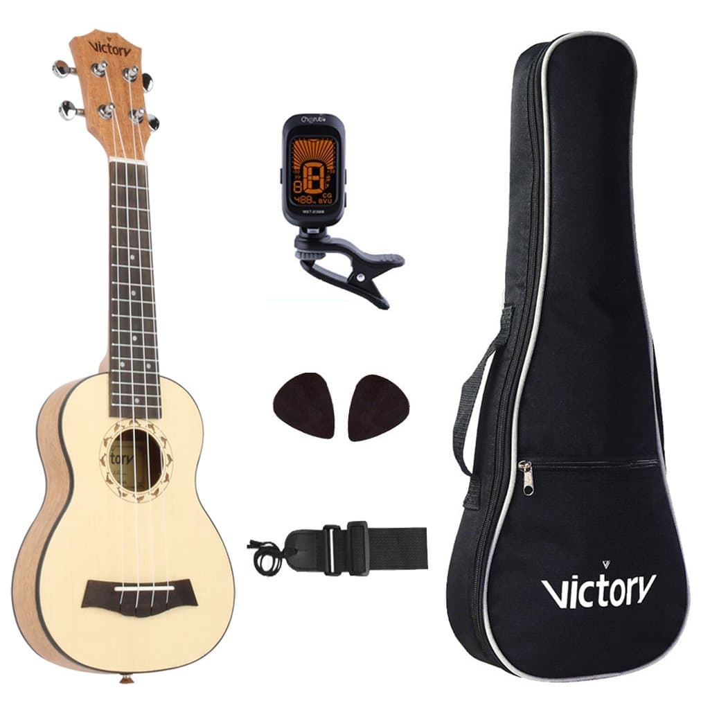 Soprano ukulele 21 Inch Spruce Mahogany and Aquila Strings with Beginner Kit: Bag +Tuner + Straps + Picks - Dolphin