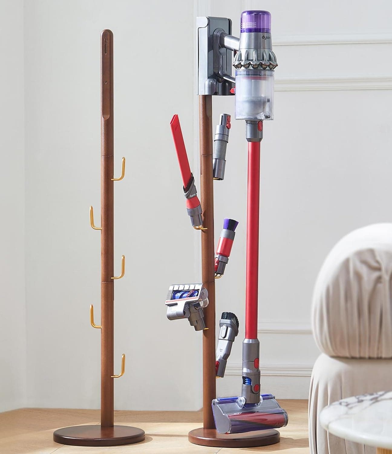 Vacuum Cleaner Stand, Compatible with Dyson V15 Gen5 V12 V11 V10 V8 V7 V6, Wooden Standing Dock for Dyson with 5 Hooks