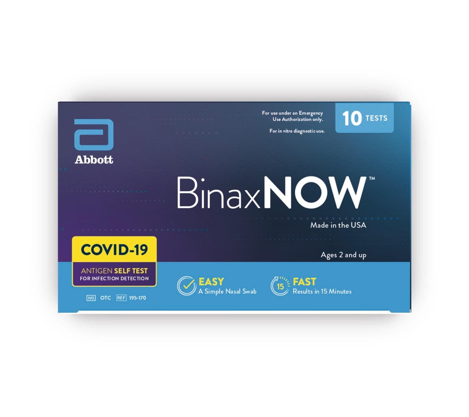 BinaxNOW COVID-19 Antigen Self Test, 1 Pack, 10 Tests Total, COVID Test With 15-Minute Results Without Sending to a Lab, Easy to Use at Home