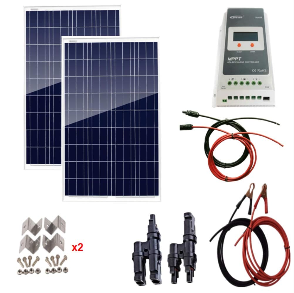AUECOOR200W 18V Solar Panel Kits Polycrystalline Solar Panel Kit for 12V Battery RV Cabin Boat Tent Car Tent Yacht with 30A MPPT Solar Controller Cable Connector Alligator Clips