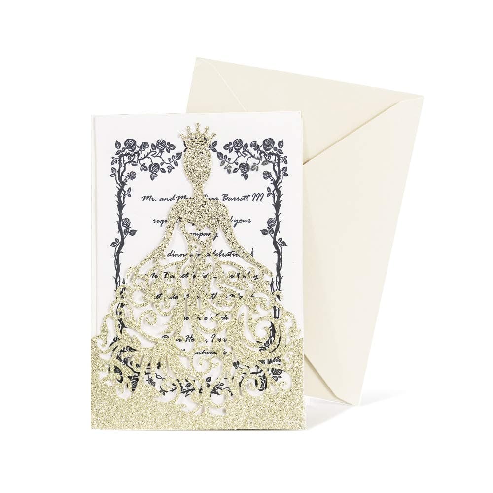 KAZIPA 25PCS Lacer Cut Wedding Invitations Card, Hollow Bride Invitations Cards for Sweet 16 Quinceñera Invitation Wedding Bridal Invitations Cards (Gold Glitter)