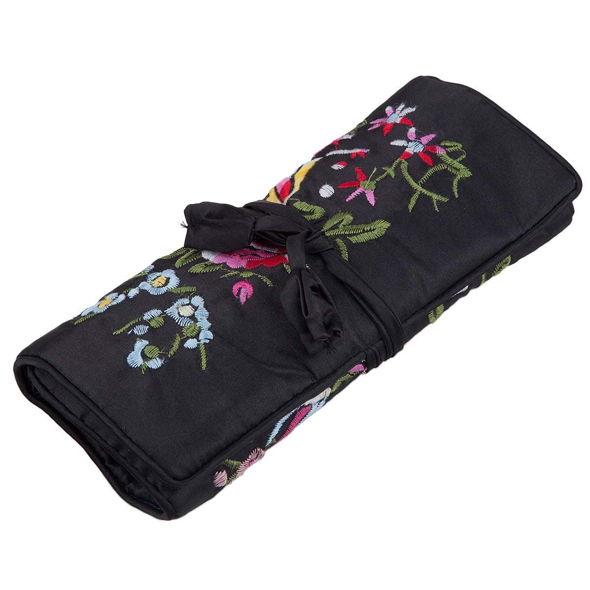 Embroidery Travel Jewelry Bag Roll Embroidered Flower and Bird Brocade Organizer with Tie Close