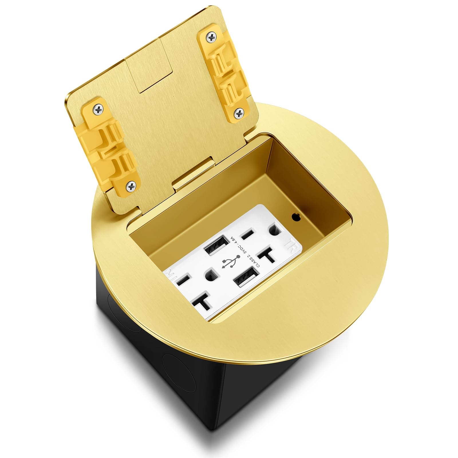 Kanayu Gold Recessed Floor Outlet 3.98"x 3.66"x 4" 1-Gang with 4.8a USB Chargers 20 Amp Floor Receptacles Round Outlet Kit Electrical Waterproof Box Cover, ETL Listed