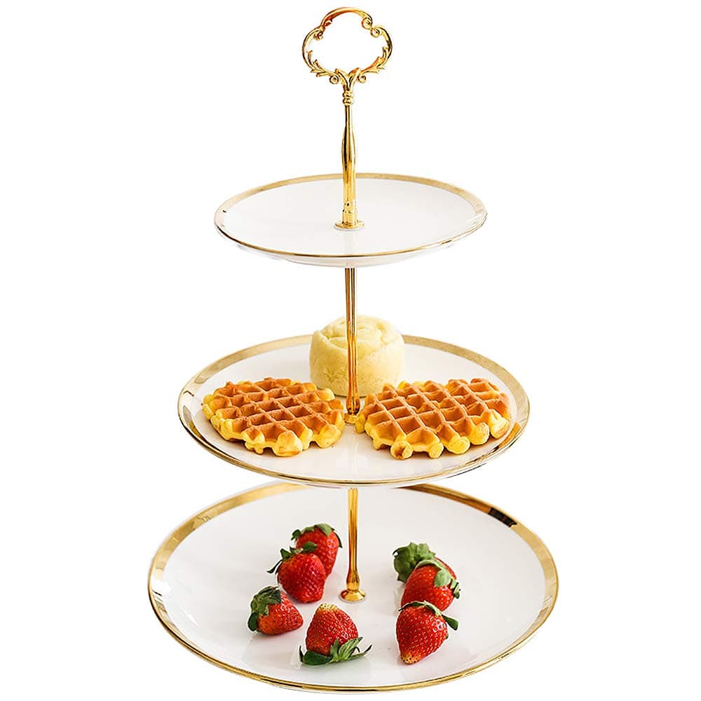 Iamagie Cupcake Stand Tower Dessert Display Plate 3-Tier Round White Ceramic Serving Tray Dish Treat Stacked Pastry Fruit Serving Platter Tree Stand for Gift Tea Party Restaurant, Gold Edge
