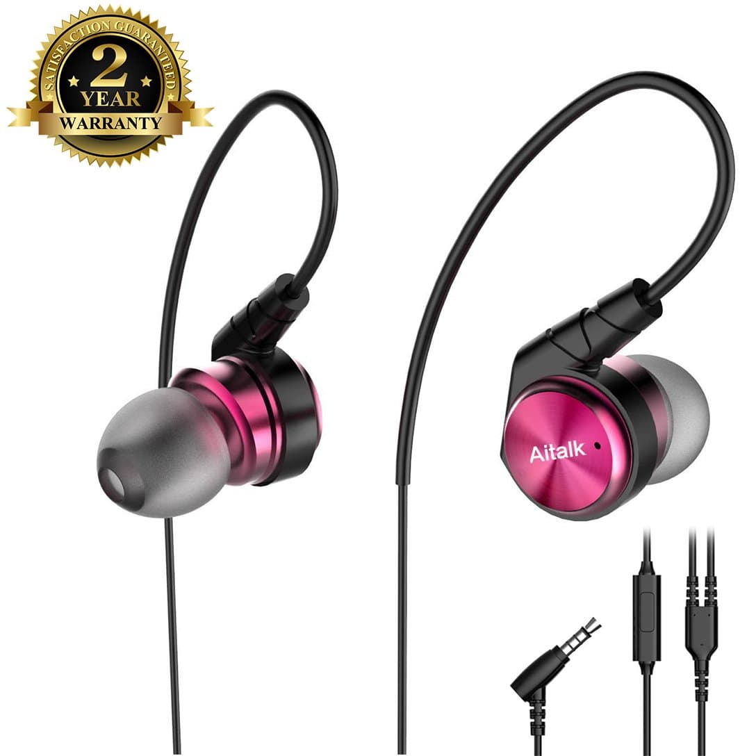 Jogging Headphones, Aitalk M901 In Ear Monitor Noise Isolating Heavy Bass Over Ear Waterproof Earhook Exercise Earbuds with Mic and Metal Housing Wired Running Earphones for Workout GYM Sports (Red)