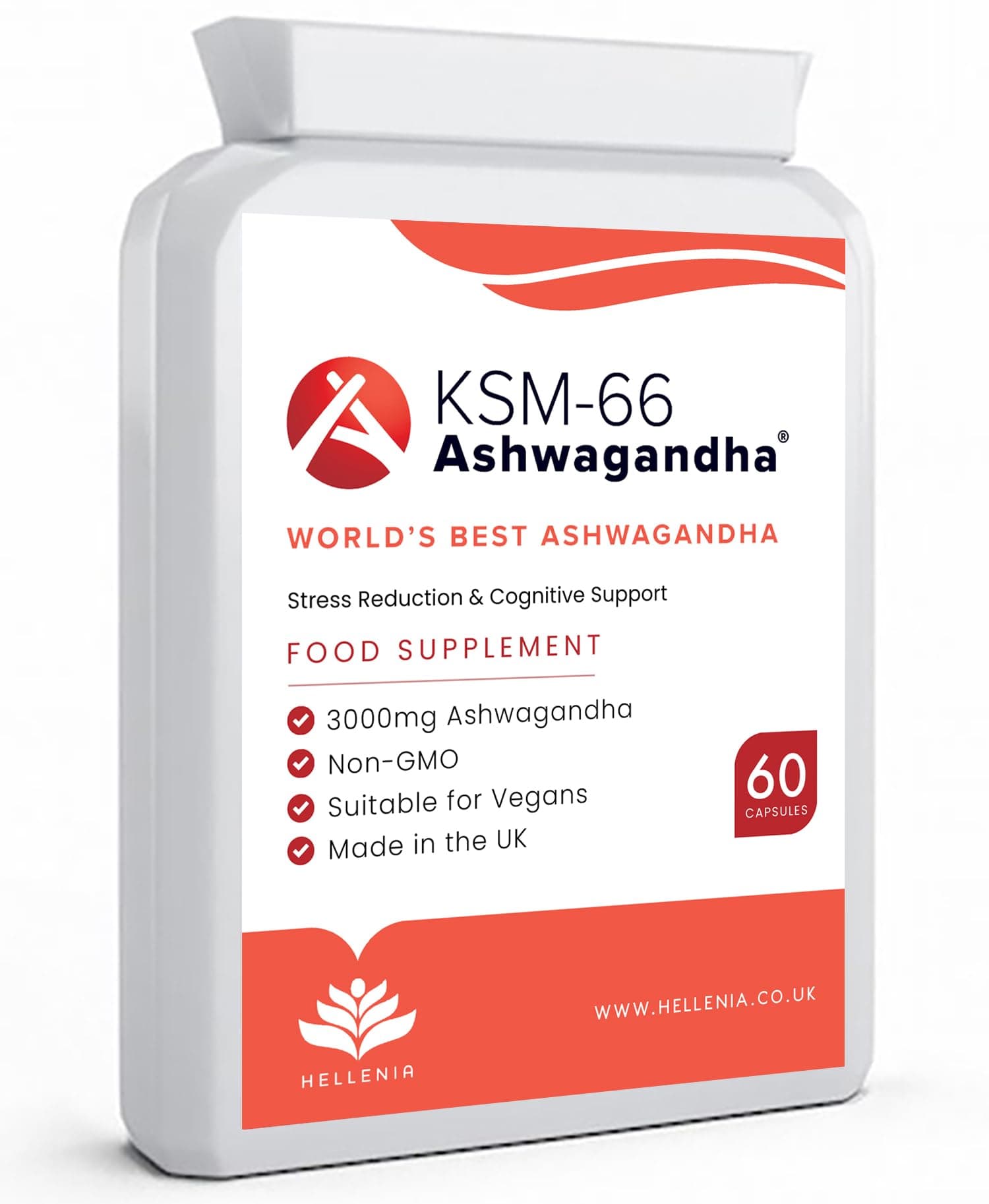 KSM 66 Ashwagandha 3000mg - 60 Capsules | Traditional Rejuvenating Properties & Immune System Support | Equivilent to 3000mg Ashwagandha per Capsule - KSM 66 Made in UK by Hellenia