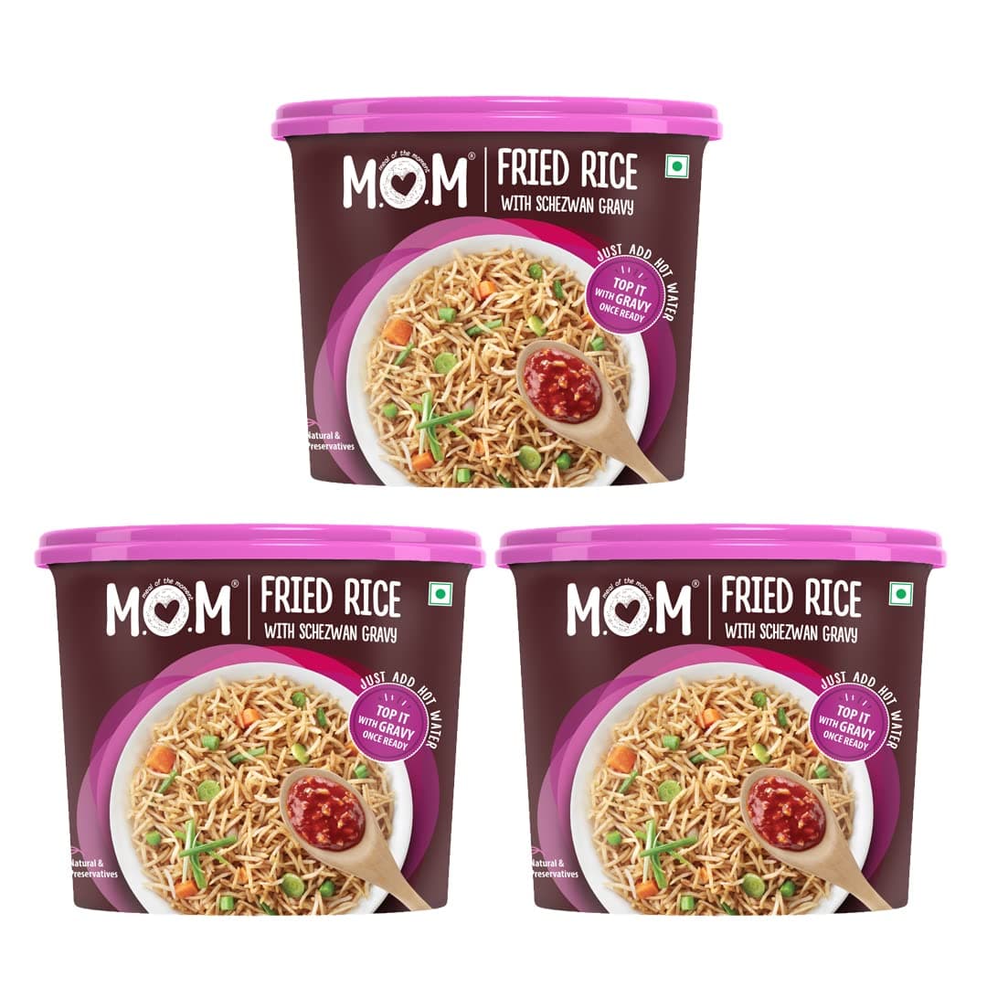 MOM - Meal of the Moment Fried Rice with Schezwan Gravy (Pack of 3) | All Natural, 100% Vegetarian, Ready to Eat, Instant Food, Just Add Hot Water