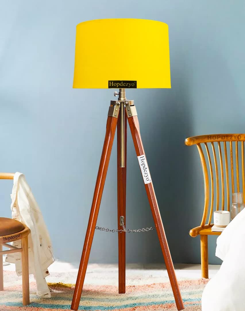 Italian Wooden Tripod Floor Lamp with Home Decor Yellow Drum Shade, Bulb, Wiring, E27 Holder Included, Pack of 1