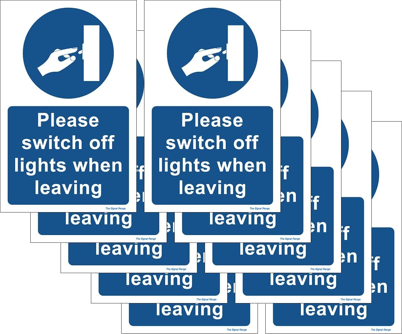 Pack of 10 self adhesive safety signs 90mm x 140mm - Please switch off lights when leaving