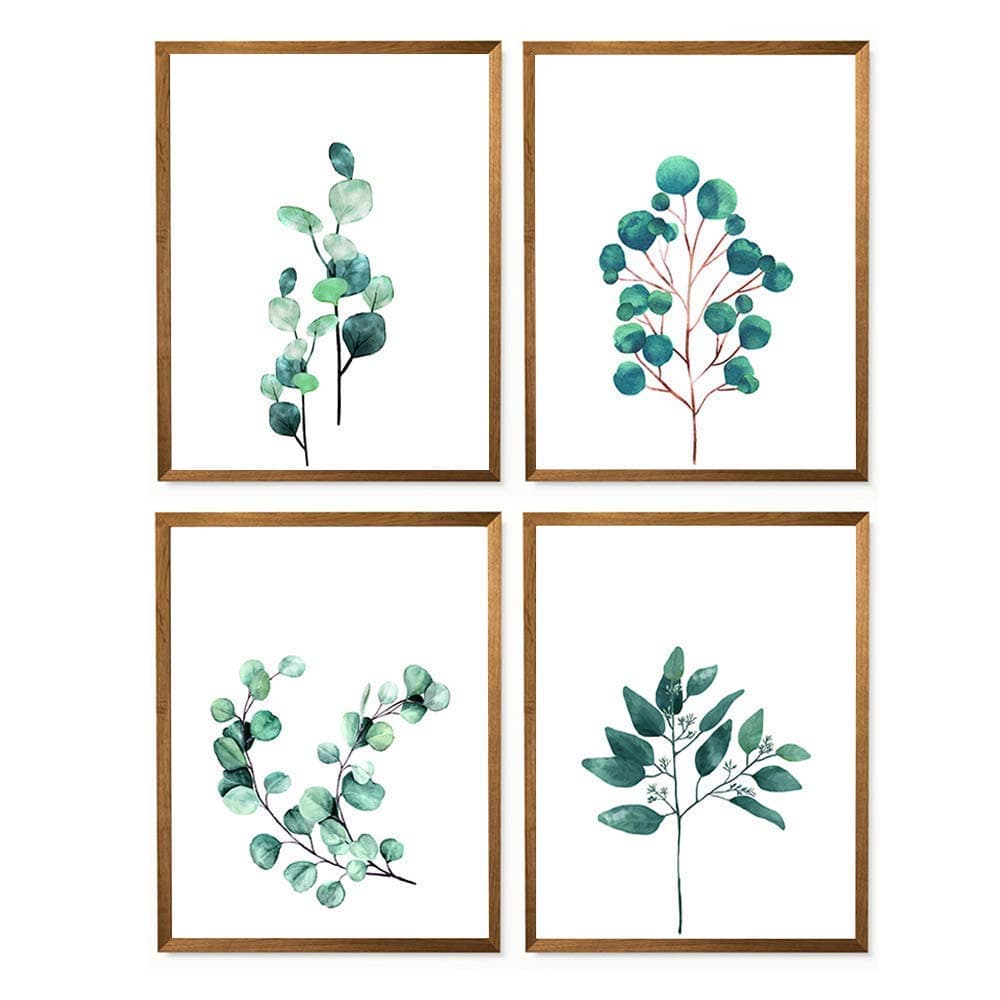 Australian Eucalyptus Leaf Print - 8" x 10" - Unframed, Green Watercolor Art Poster, Botanical Plant, Living & Dining Room Gift - Set of 4