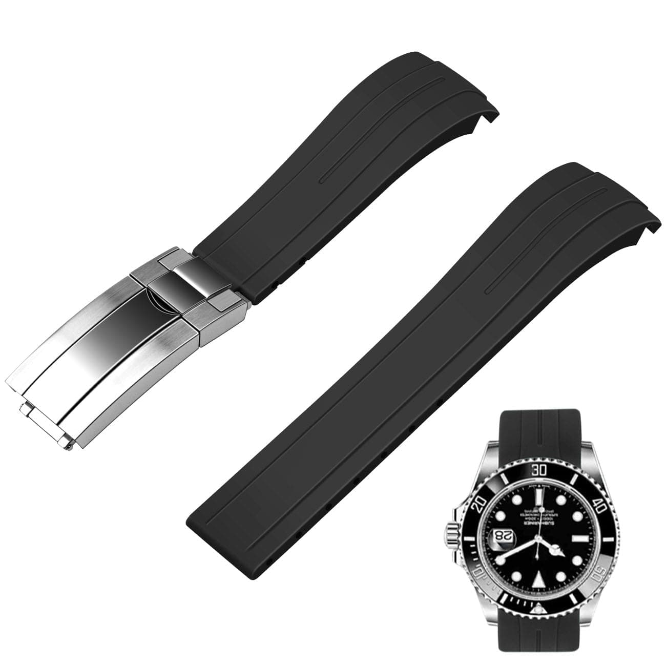 18mm 20mm 21mm 22mm Curved End Rubber Watch Band, Tapered Silicone Curved Replacement Watch Strap for Men Women with Classic Diving Buckle
