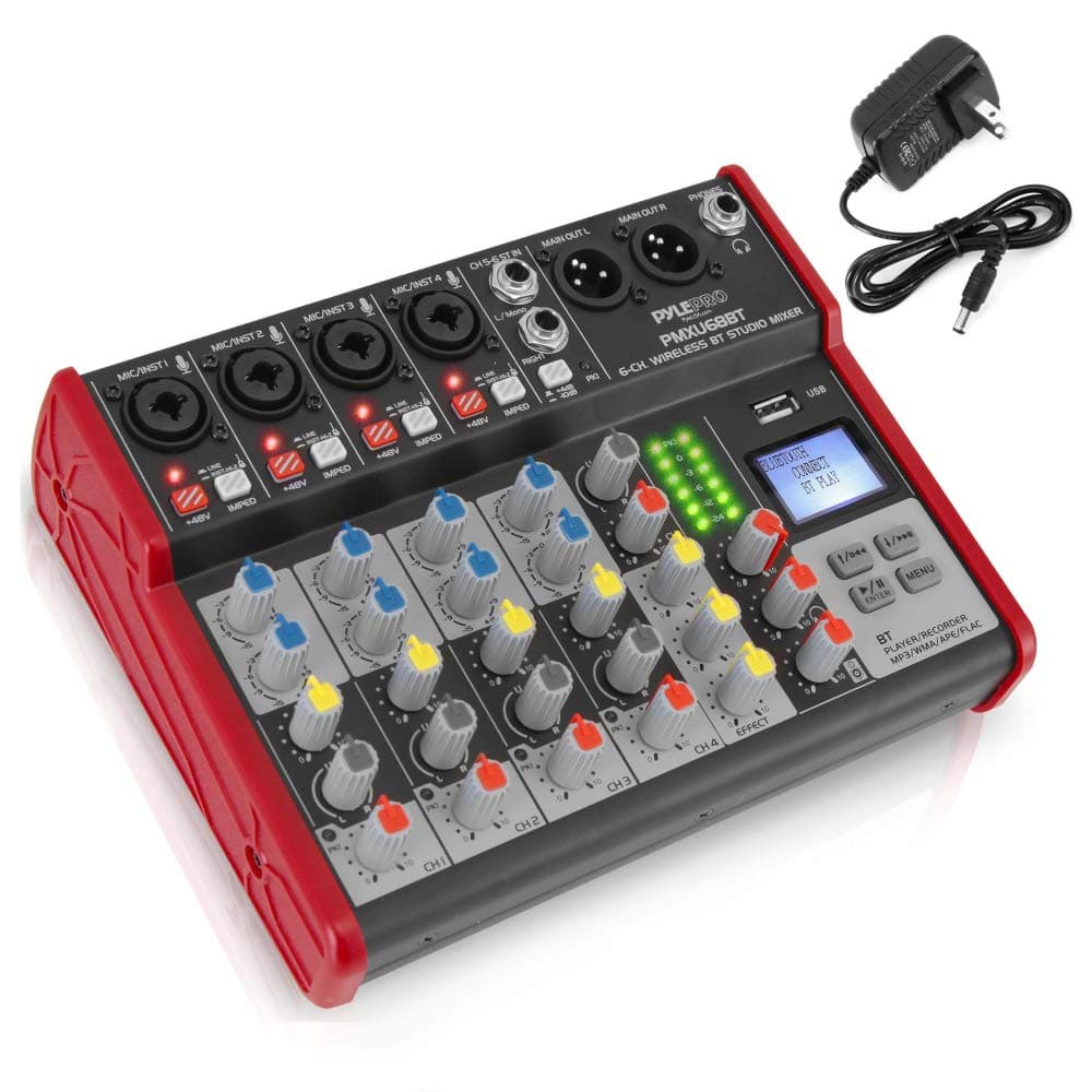 Studio Audio Sound Mixer Board - 6 Channel Bluetooth Compatible Professional Portable Digital DJ Mixing Console w/ USB Mixer Audio Interface - Mixing Boards For Studio Recording - PMXU68BT