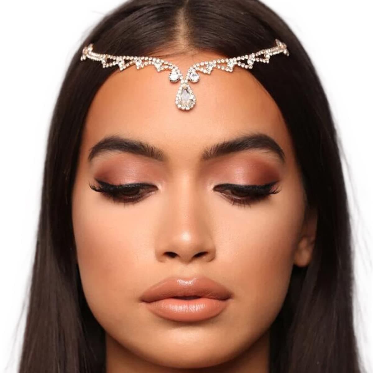 STONEFANSBridal Rhinestone Forehead Head Chain Clip Boho Crystal Teardrop Headpiece Wedding Festival Hair Accessories for Women Gift (Silver1)