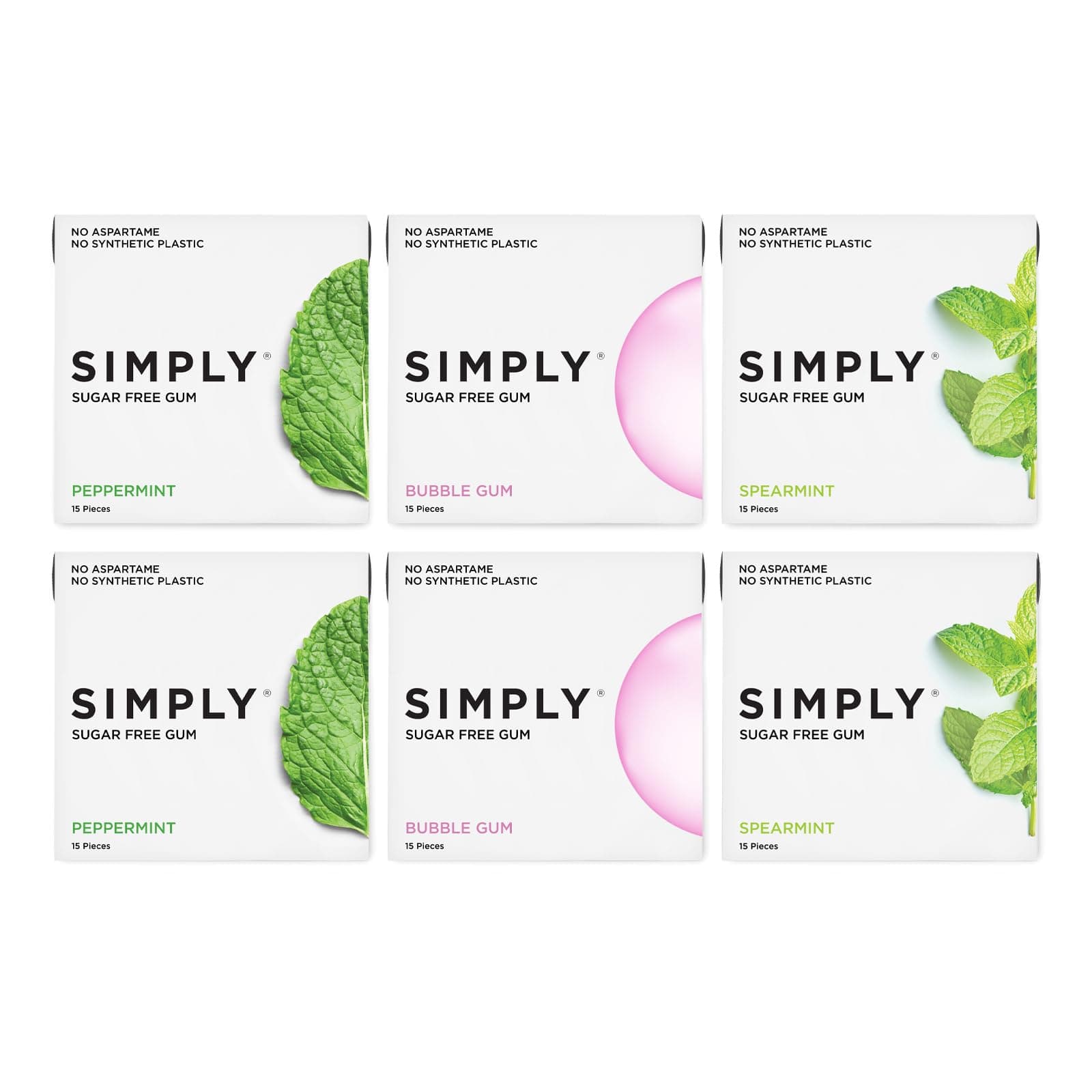 Dental Gum | Xylitol Chewing Gum- Sugar Free | Variety Pack- Bubblegum, Peppermint, Spearmint | Pack of Six (90 Pieces Total) | Synthetic Plastic Free + Sugar Free + Aspartame Free