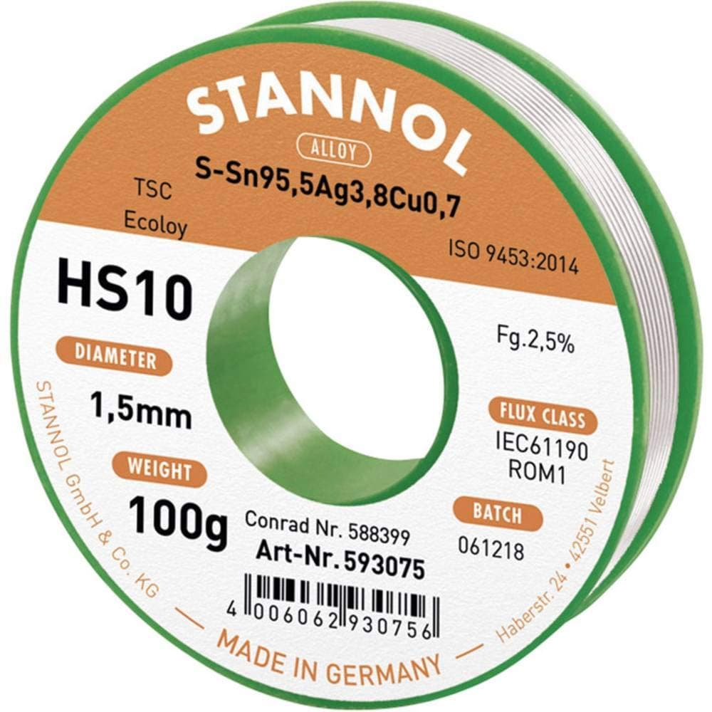 Stannol Solder Wire HS10 Type Alloy TSC sn95,5ag3 ,8cu0,7 – 593420 mm 100 g Roll Price for 1 Each