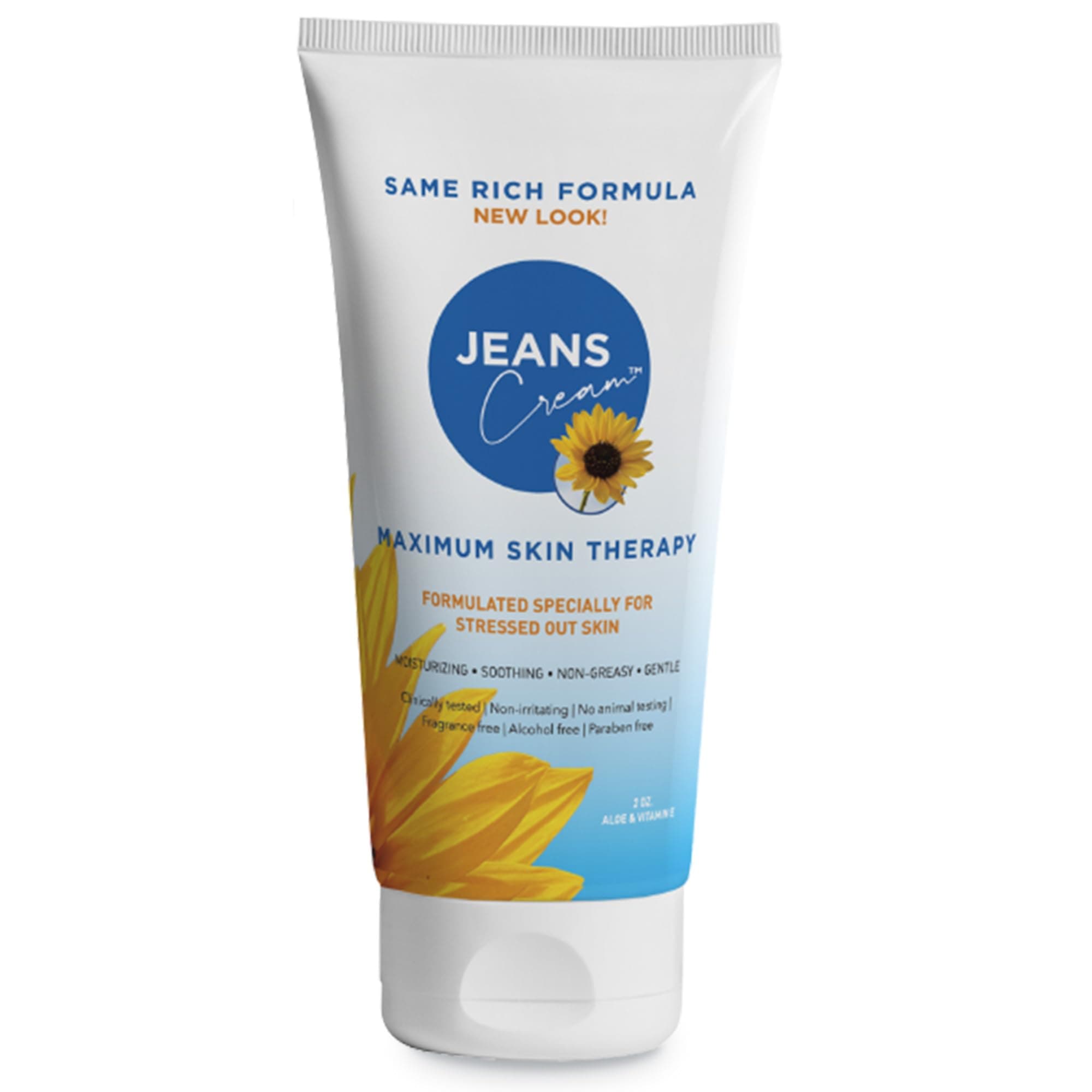Jeans Maximum Skin Therapy Cream with Aloe & Vitamin E. Moisturizing Cream for Dry & Sensitive Skin affected by many causes such as Radiation Treatment, Sunburn, Itchiness & Redness. 2oz