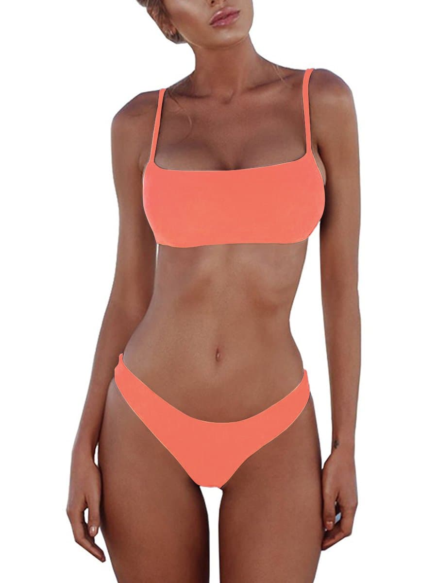 Padded Brazilian Thong Bikini Sets Push Up Two-Piece Swimsuits for Women Sexy Bathing Suits Swimwear Coral X-Large