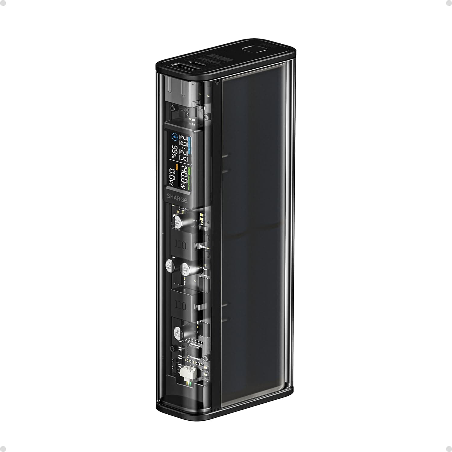 - SHARGEEK 140 Power Bank, 140W Output 20000mAh Portable Charger with Screen Display, Transparent, USB C& USB A Port Laptop Power Bank for iPhone 17/16/15/14 Series MacBook Steam Deck