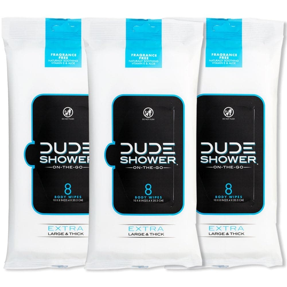 DUDE Shower Body Wipes Unscented Naturally Soothing Aloe and Hypoallergenic, Portable Travel-Sized Individual Cleansing Cloths for Men, 8 Count (Pack of 3)