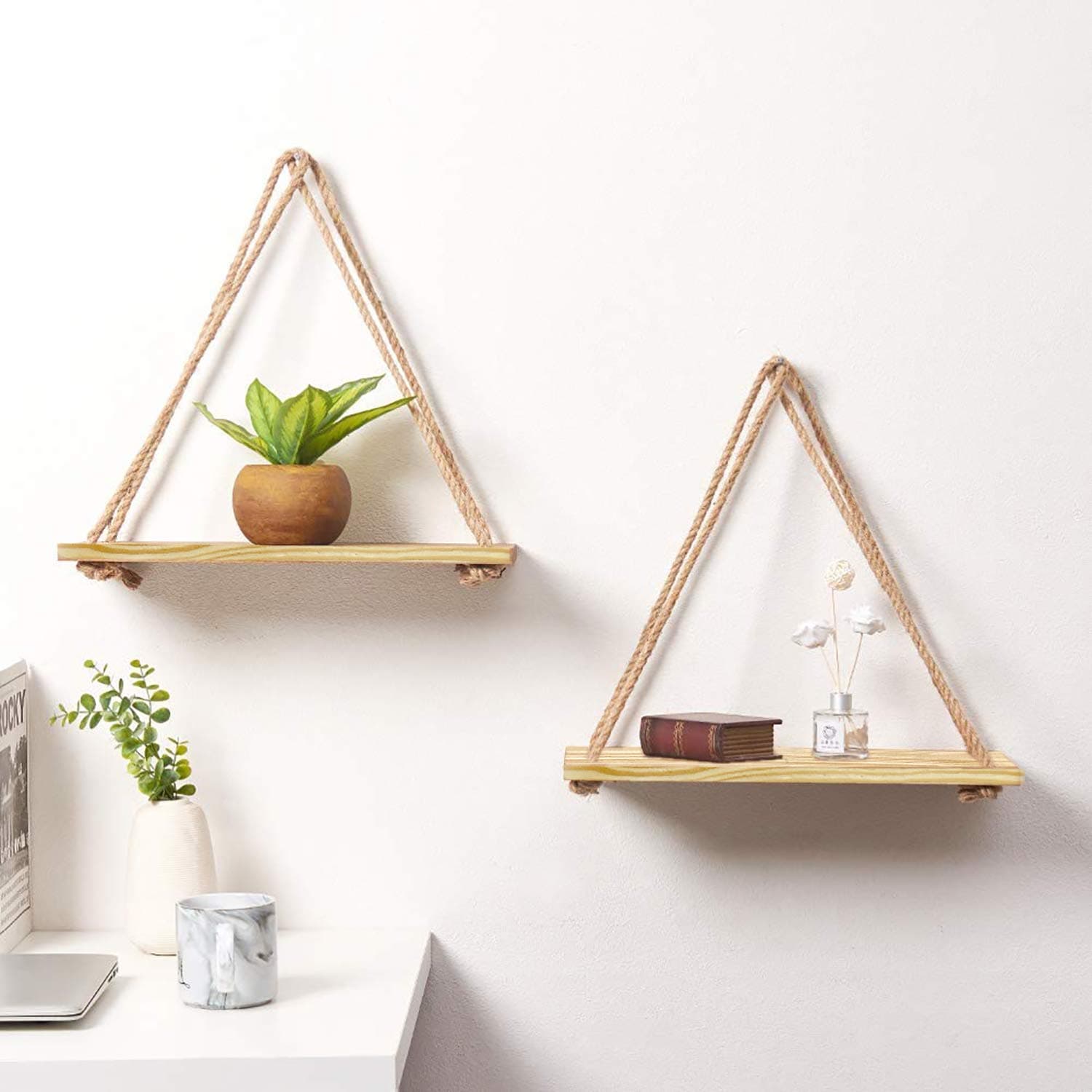 VAH Wall Hanging Shelf, Set of 2 Wood Floating Shelves for Wall Rustic Rope Shelves Plant Shelf Farmhouse Decor for Living Room Bathroom Bedroom Kitchen Apartment -Wood Hanging Shelf Bohemian
