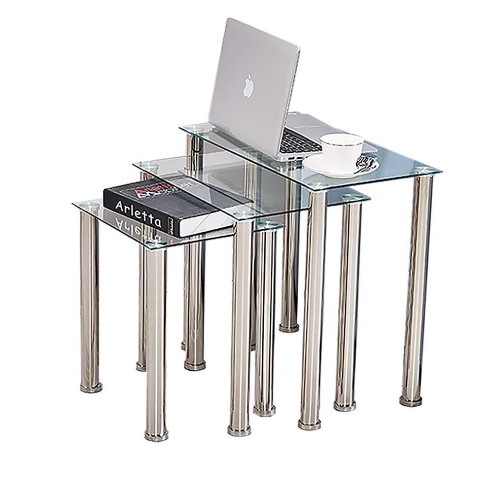 HomeSailing Nest of Tables Set End Tables Side Tables Glass Rectangular for Living Room Bedroom Sofa End Metal Chrome Nesting of 3 Transparent