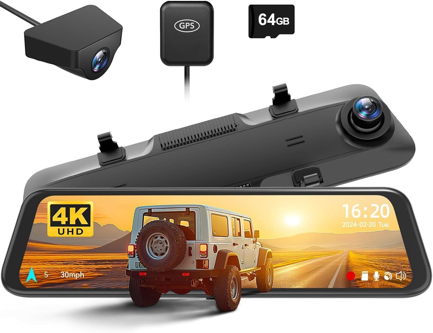 TECHVIDA 4K+2.5K Front and Rear View Mirror Dash Cam, 12" Full Touch Screen, Backup Camera With 1080P Rear View, WDR, Night Vision, Free 64GB Card & GPS