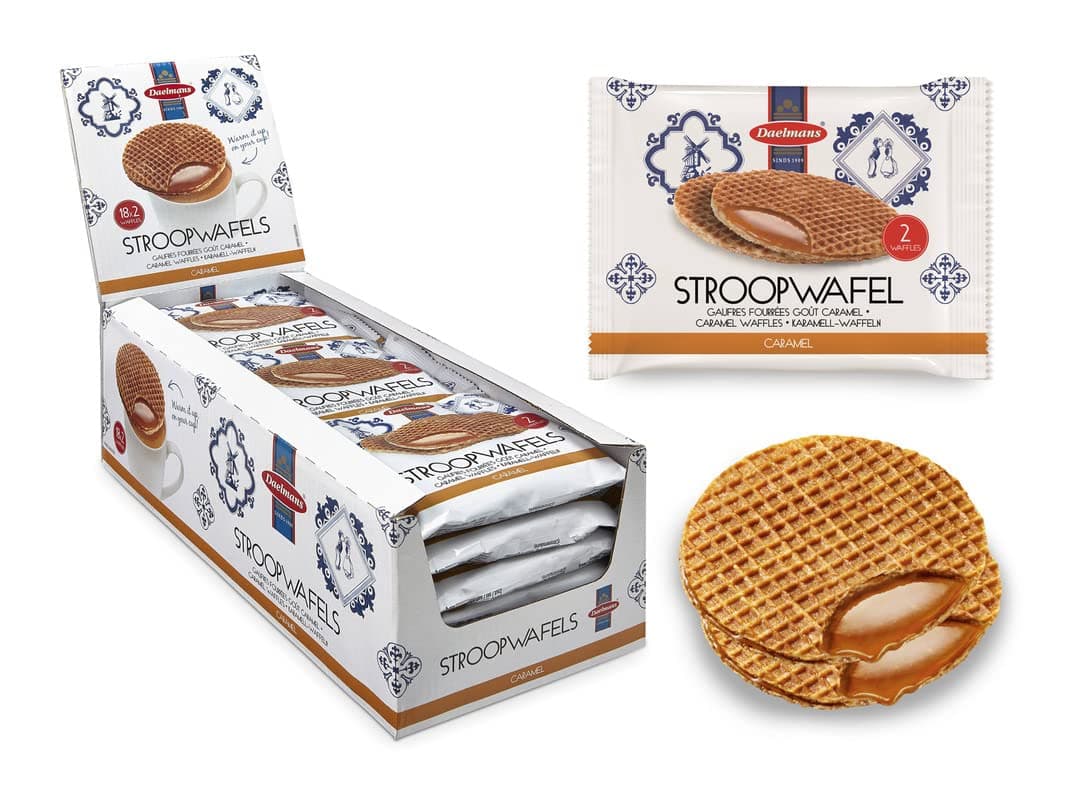 DAELMANS Stroopwafels, Dutch Waffles Soft Toasted, Caramel, Office Snack, Jumbo Size, Kosher Dairy, Authentic Made In Holland, 18 2-pack Stroopwafels Per Box, 2.75oz each