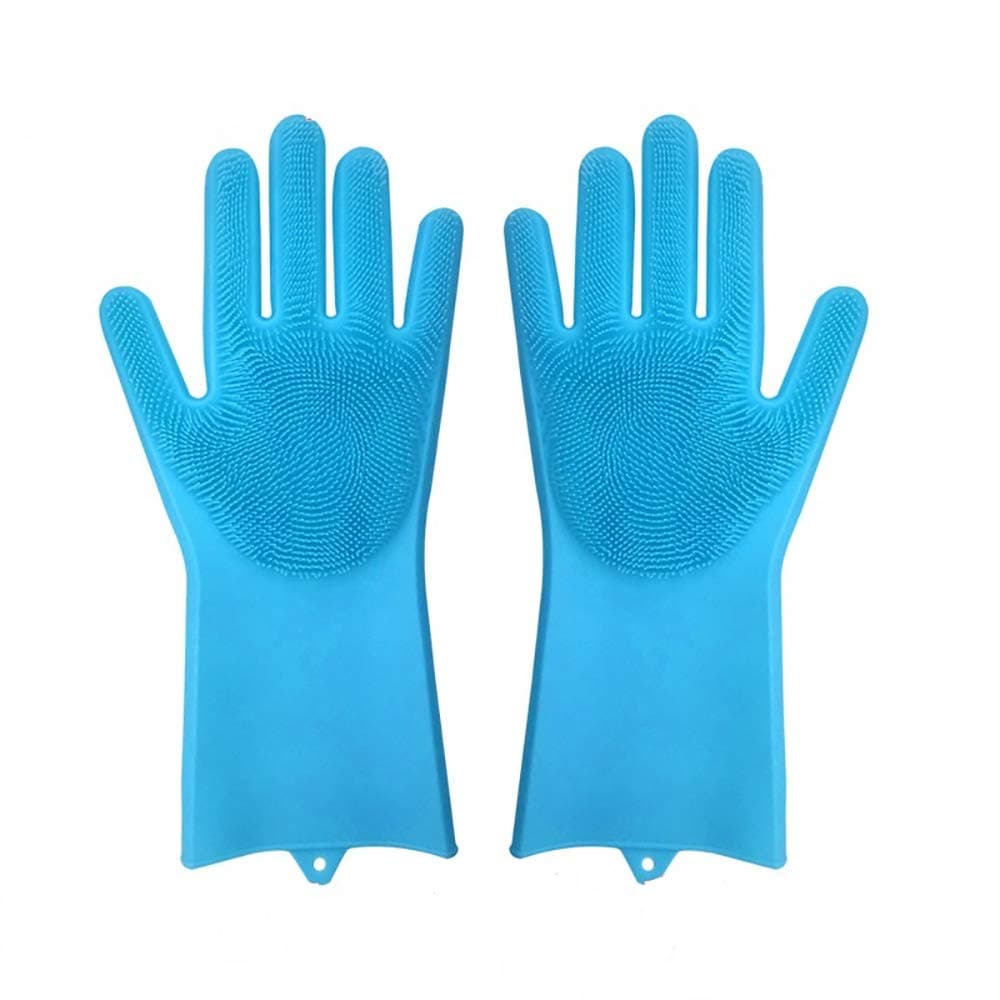 EXMART Set of A Pair Magic Silicone Gloves Wash Scrubber Gloves Reusable Cleaning Brush Gloves Heat Resistant Scrub Rubber Glove for Dish Washing(Blue)