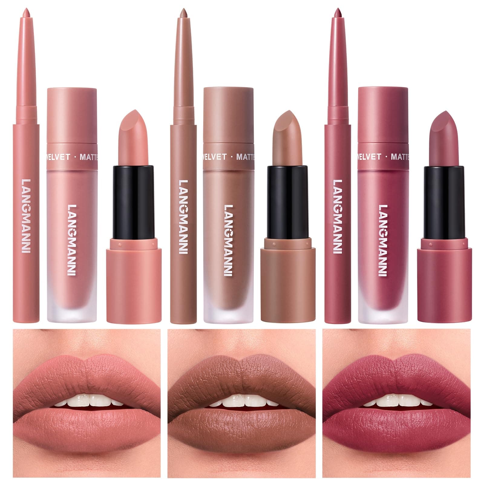 LANGMANNI 3 in 1 Matte Velvet Lipstick Set-Lip Liner,Lip Gloss and Lipstick Combo,Perfect for Natural Lip Contour,Waterproof And Longlasting Effect Lip Makeup,Unique Festival Gift (#01+03+05)