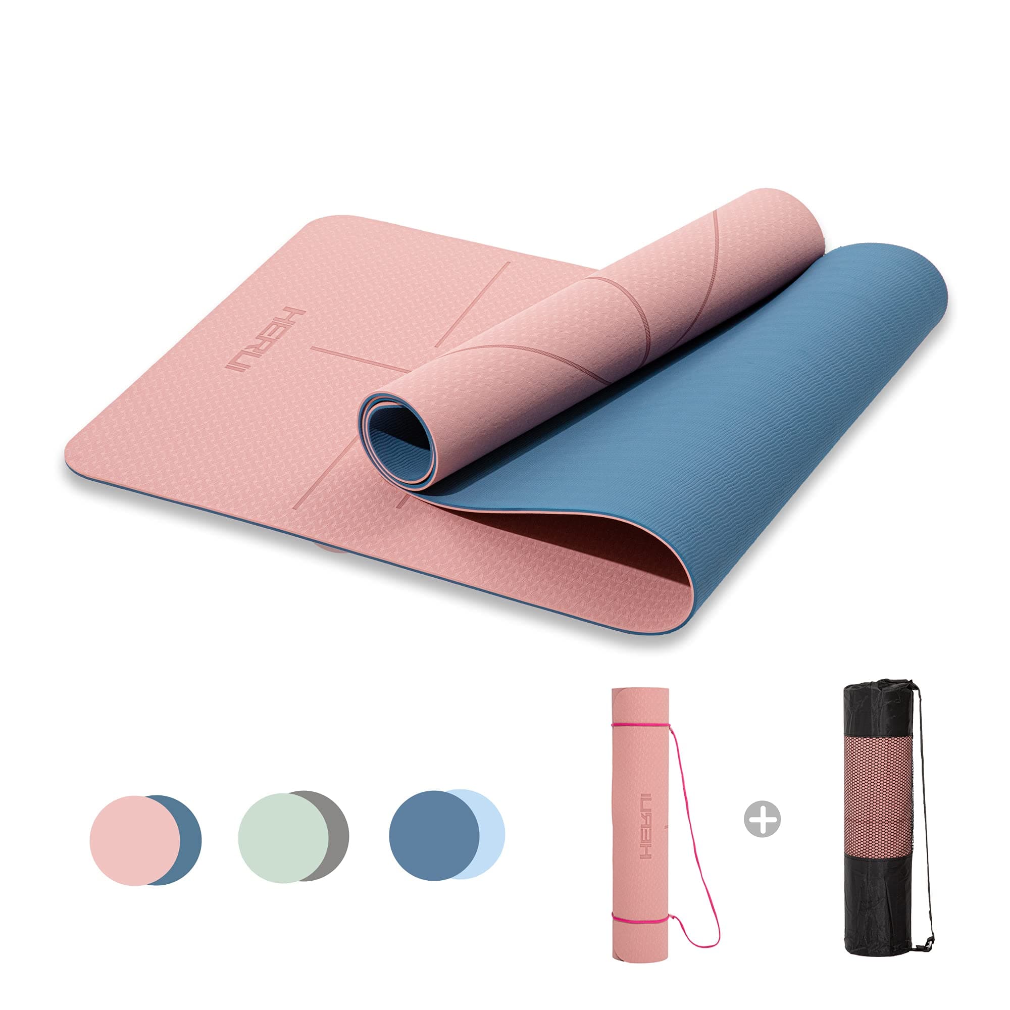 HERUI Yoga Mat Alignment Lines Anti-Slip Exercise Mat with Carrying Bag Fitness Mat for Pilates 183CM*61CM*6MM Thickness for Woman Man Beginners