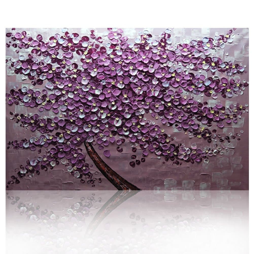 KAGREE Purple Tree Textured Knife Paintings Abstract Wall Painting Impasto Acrylic Handmade Canvas Art Oil Painting Home Decoration 28H by 40inch No Stretcher