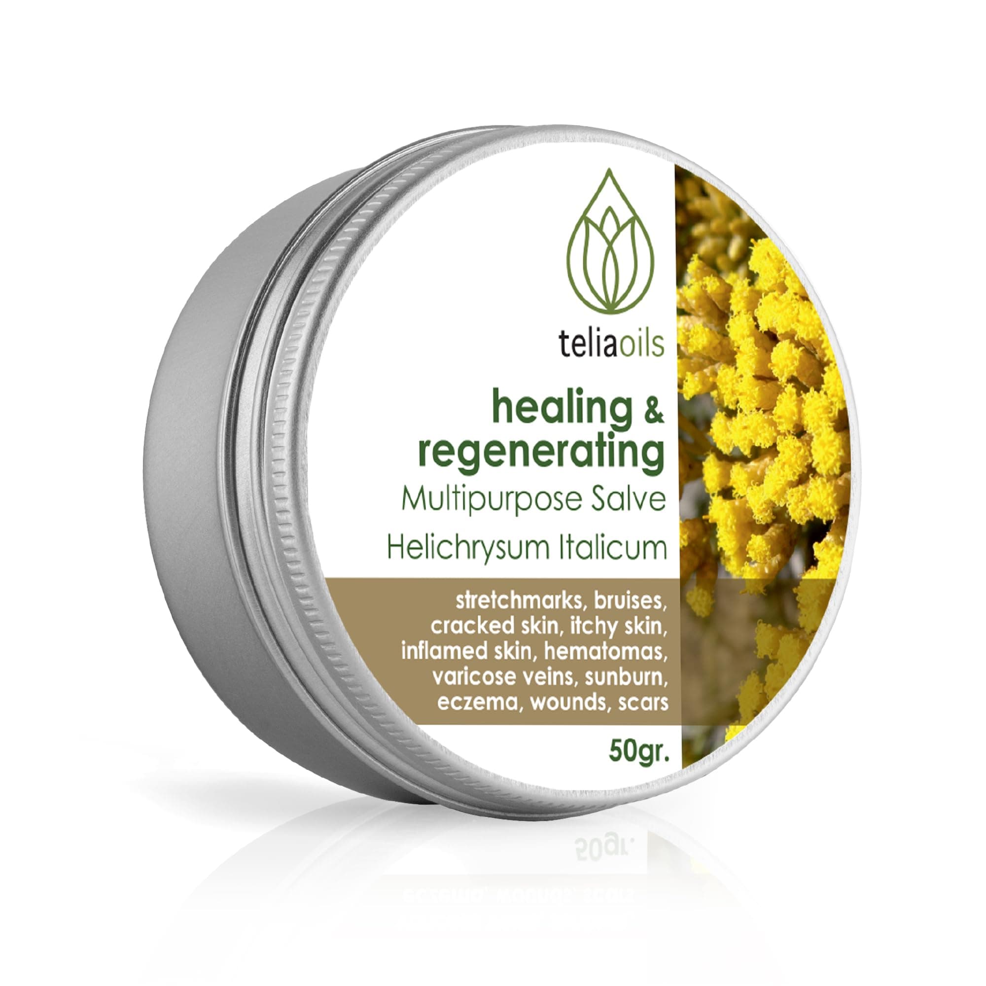 Teliaoils Helichrysum Italicum Multipurpose Salve | Helichrysum Oil | Soothing & Hydrating Relieving Balm | Irritated Skin, Stretch Marks, Varicose Veins & Wrinkles | Adults & Kids | 1.7oz/ 50gr |