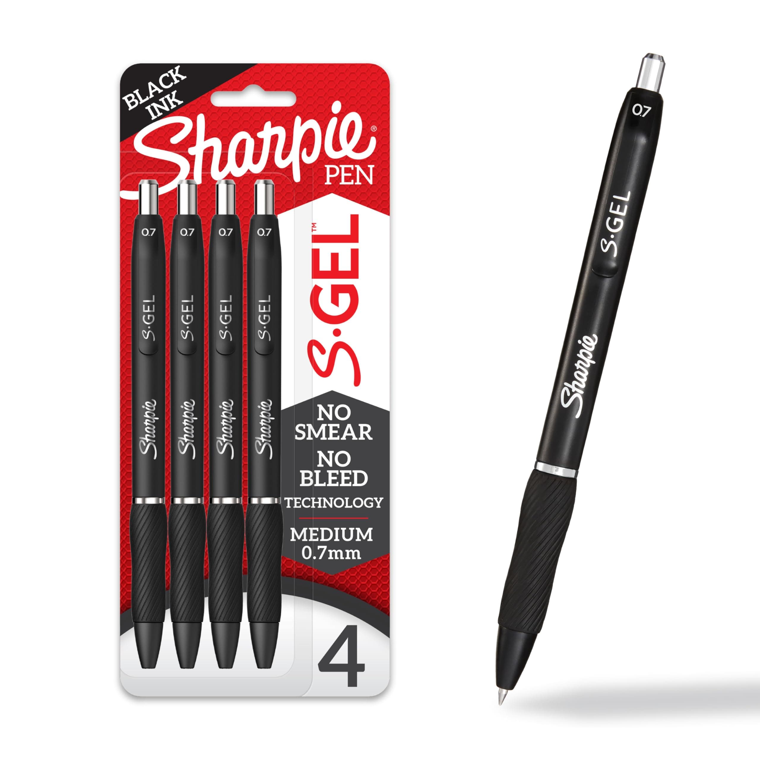 Sharpie S-Gel, Gel Pens, Medium Point (0.7mm), Black Ink Gel Pen, 4 Count