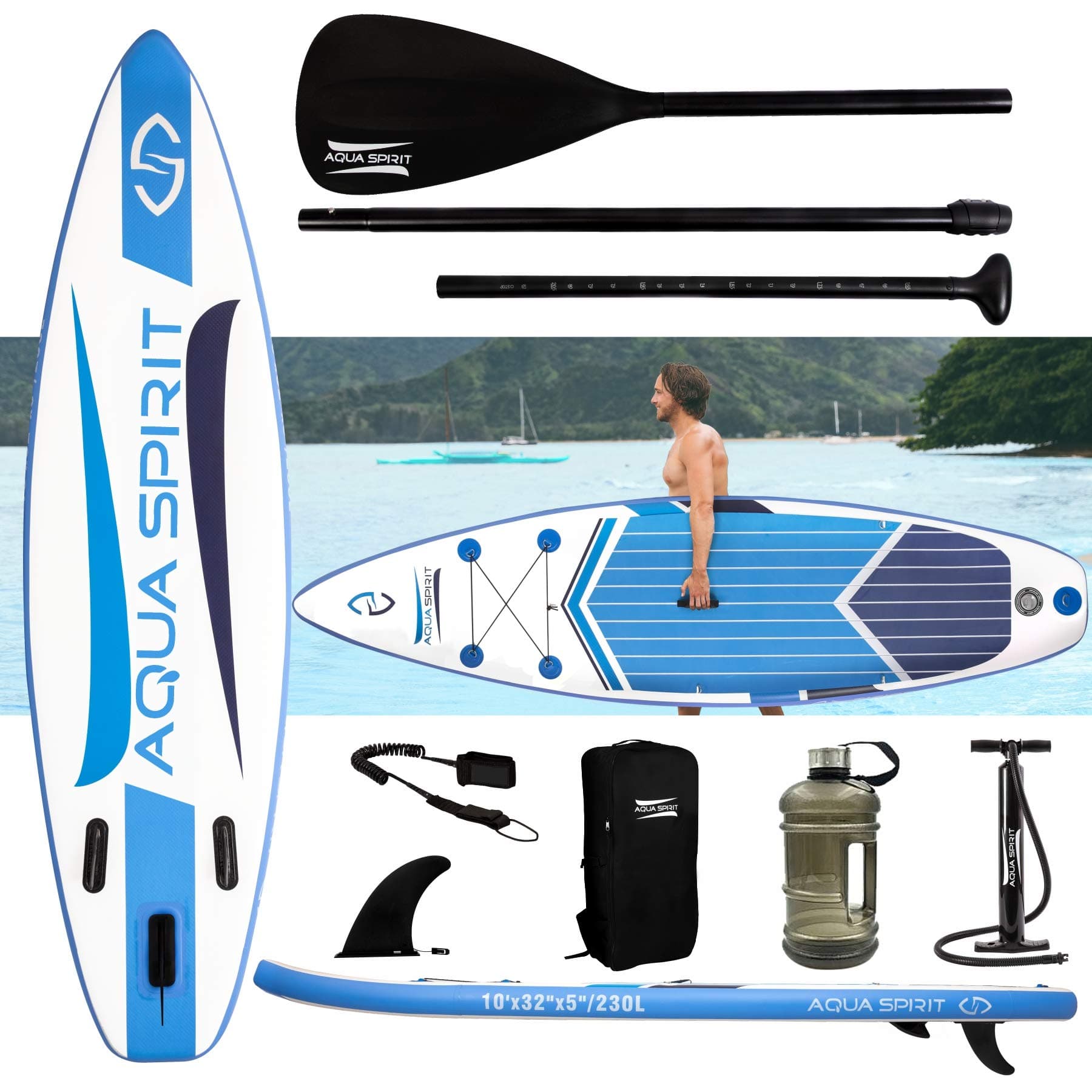 AQUA SPIRIT Premium 300x80x12.5cm iSUP Inflatable Stand up Paddle Board for Adult Beginners/Intermediate with Backpack, Leash, Paddle, Sports Bottle, Pump - Max load 115KG