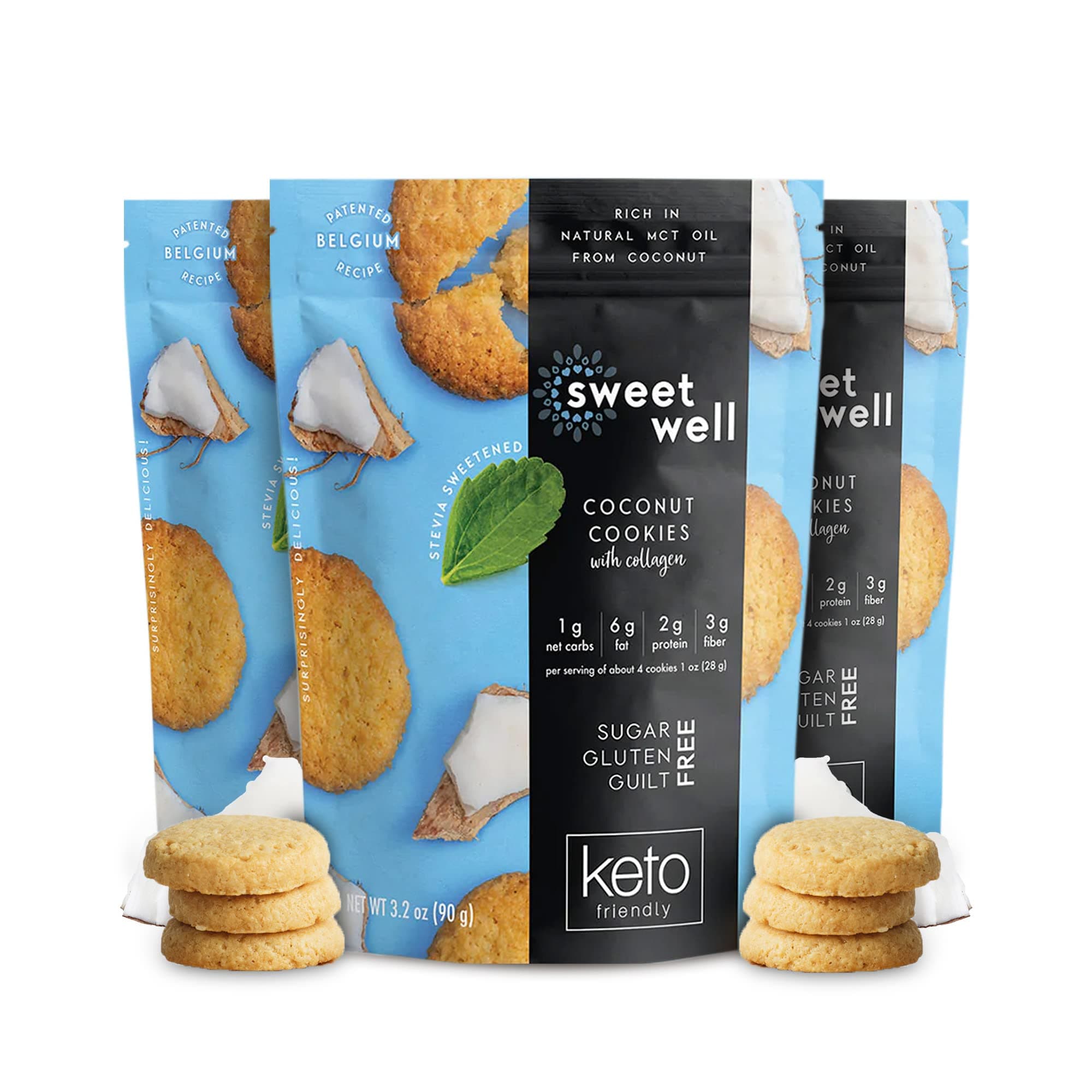 Coconut Cookies, Low Carb Keto Cookies, Gluten-Free Keto Snack with Real Ingredients, Stevia Sweetener and Collagen, Sugar-Free, 3.2 oz Each, Pack of 3 - Sweetwell