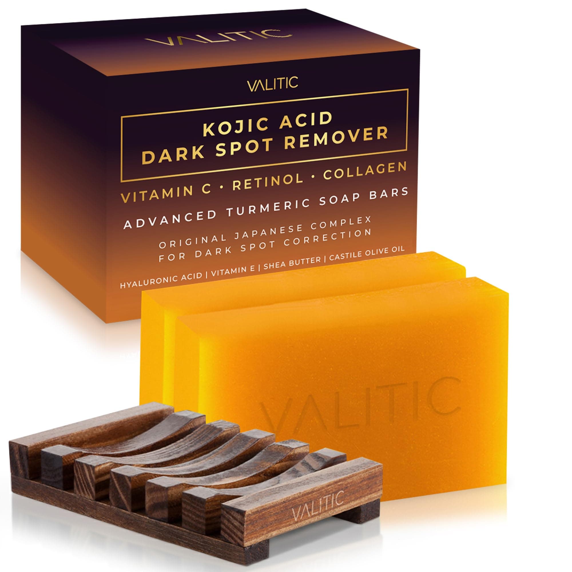 VALITIC Kojic Acid Dark Spot Remover Soap Bar with Vitamin C,Retinol,Collagen,Turmeric - Original Japanese Complex Hyaluronic Acid,E,Shea Butter,Castile Oil (2 Pack) With Holder,Pack of 3,3.5 ounces