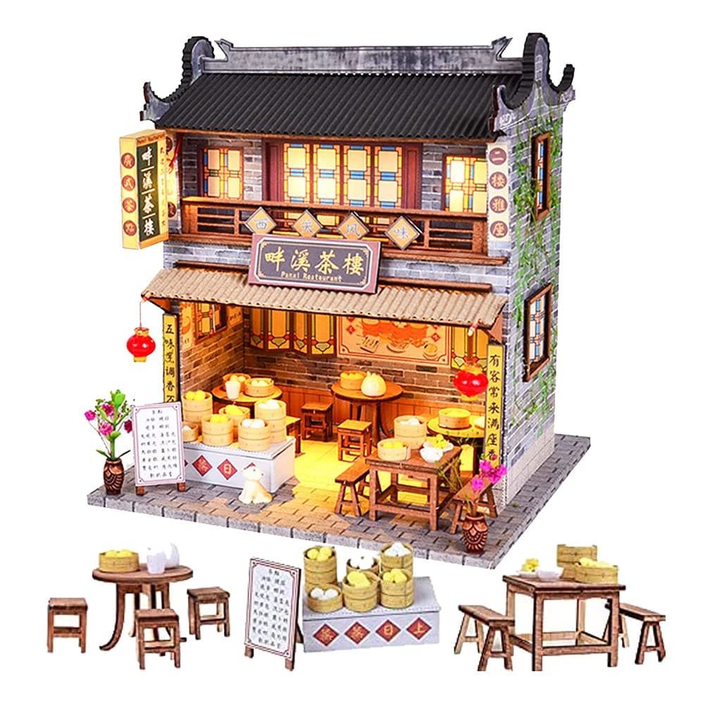WYD DIY Chinese DIY Doll House Ancient Architecture Handmade Mini Wooden House Miniature Dollhouse Furniture Set Children Toys New Year Birthday Wedding Gift (Panxi Tea House)