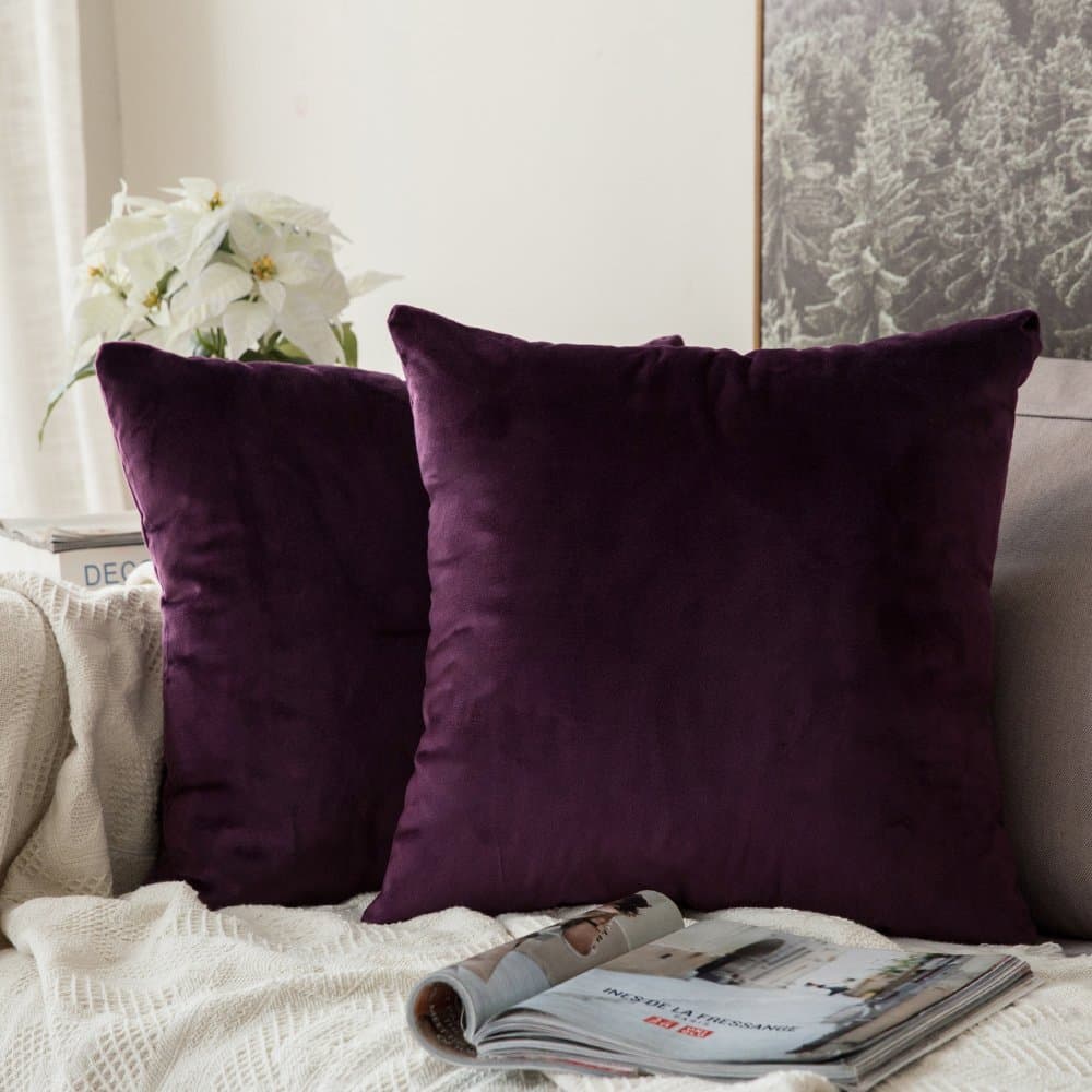 MIULEE Set of 2 Velvet Decorative Cushion Cover without Filling, Decorative Cushion Cover, Decorative Cushion Cover with Hidden Zip, Aubergine Purple, 20 x 20 Inches, 50 x 50 cm