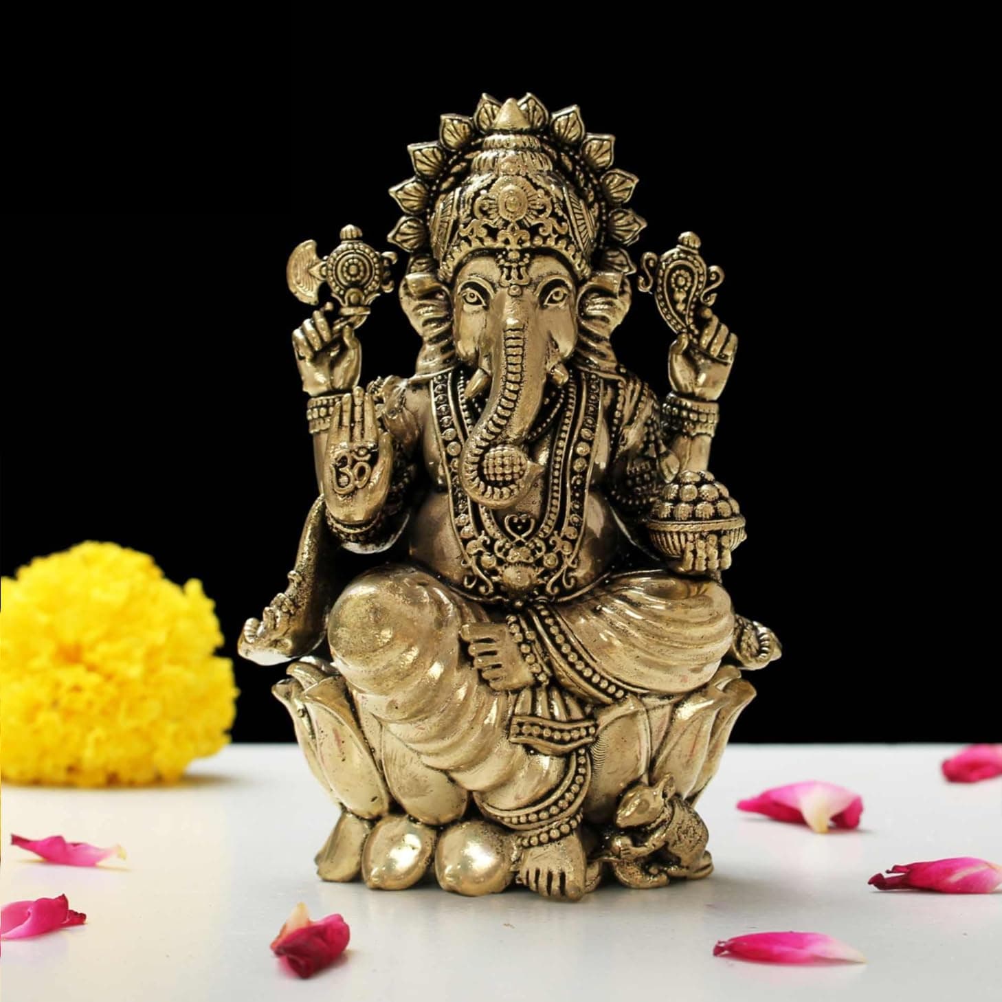 INDICAST Brass Ganesha Idol for Good Luck & Worship | 4" Ganpati Hindu God St...