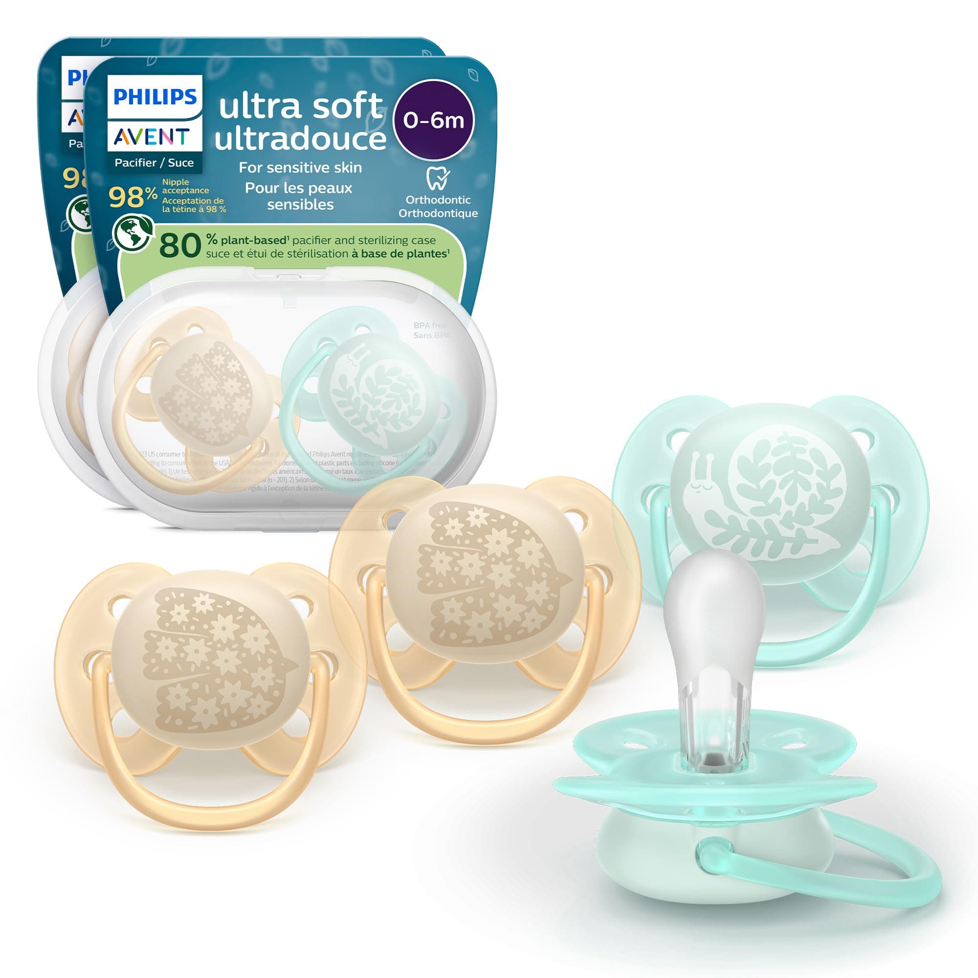 Philips Avent Ultra Soft Pacifiers - Orthodontic Design, for Babies 0-6 Months, Flexible Shield, Silicone Symmetrical Nipple, BPA-Free, 2 Sterilizing Cases, 4 Pack, SCF091/49