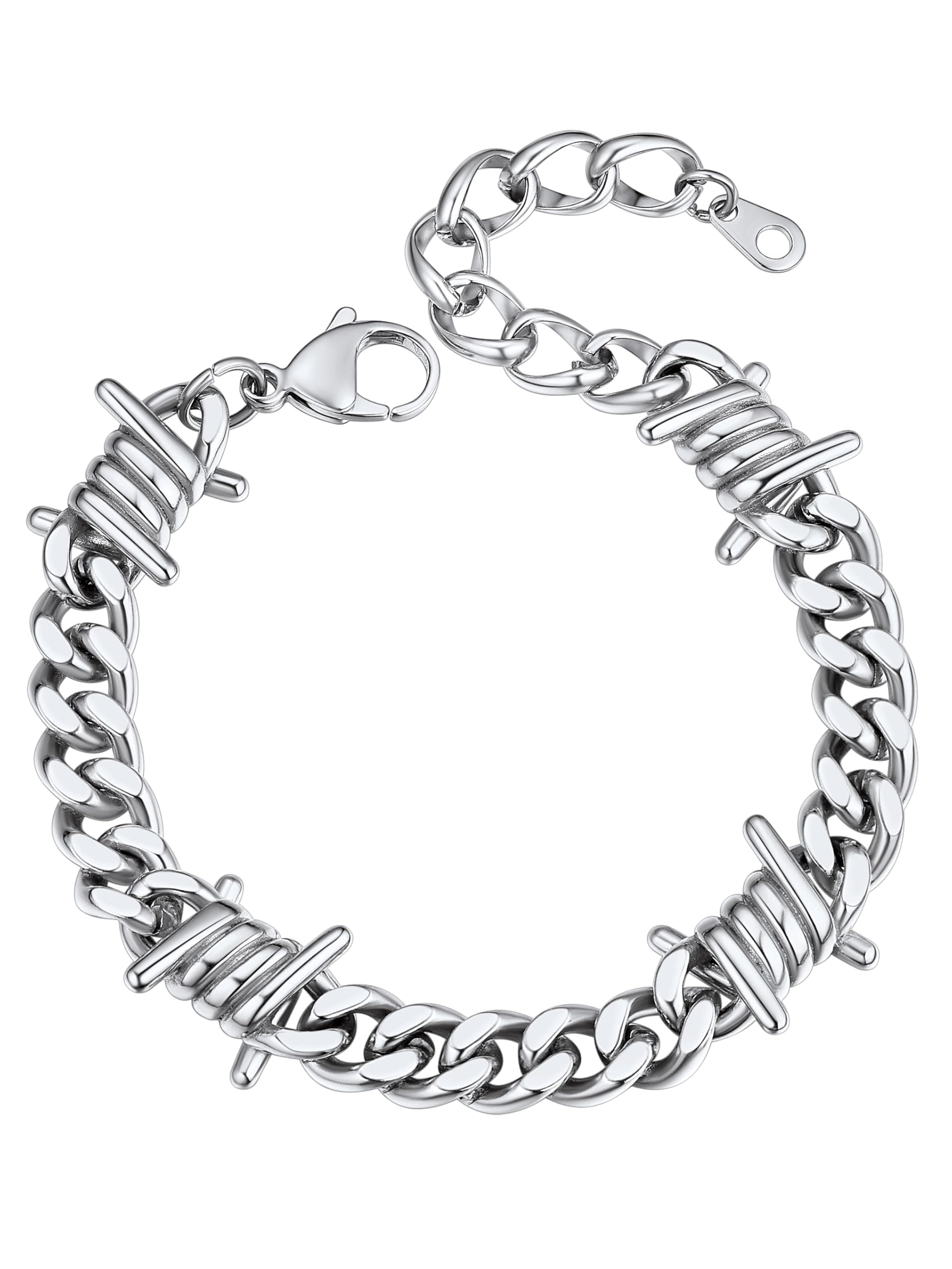 ChainsHouse Barbed Wire Bracelet, Cuban Link Chain Bracelet for Men, Stainless Steel Gothic Punk Thorns Hand Chain, Hip Hop Jewelry, 5/7/9/12mm Width, 7"-8.3" Length, Send Gift Box