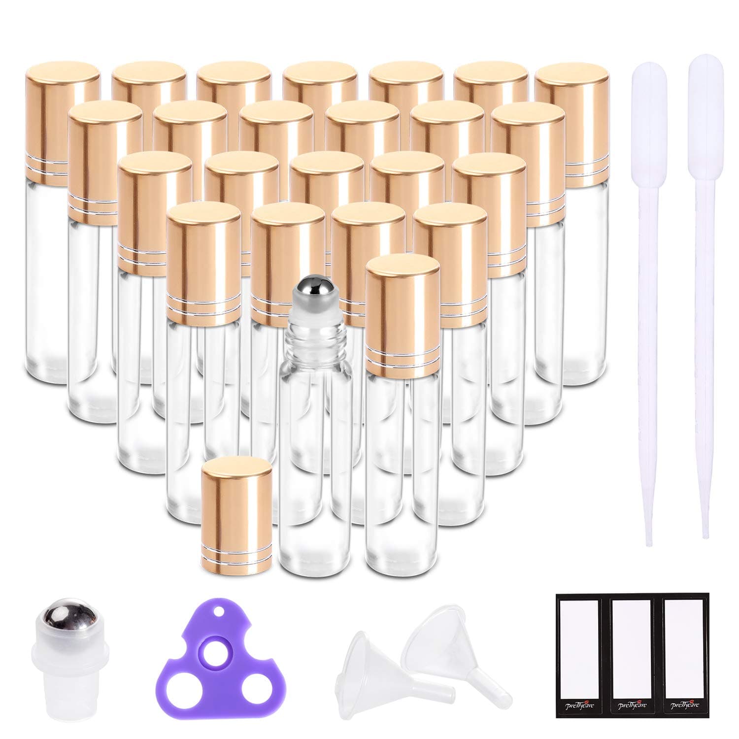 PrettyCareEssential Oil Roller Bottles 10ml (24 Pack Clear Glass Bottle with Gold Cap, 4 Extra Roller Balls, 48 Labels, 2 Openers, 2 Funnels) For Personal Use, Home, Travel