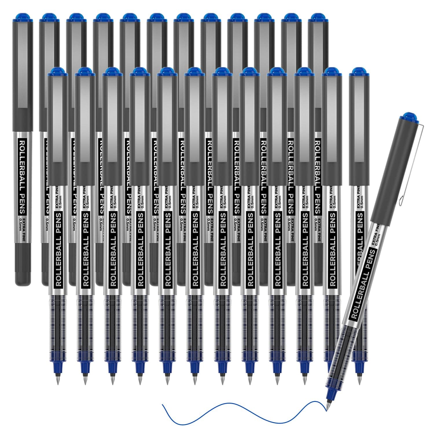 RollerBall Pens, 25 Pack Blue Fine Point Roller Ball Pens, 0.5mm Liquid Ink Pens for Writing Journaling Taking Notes School Office