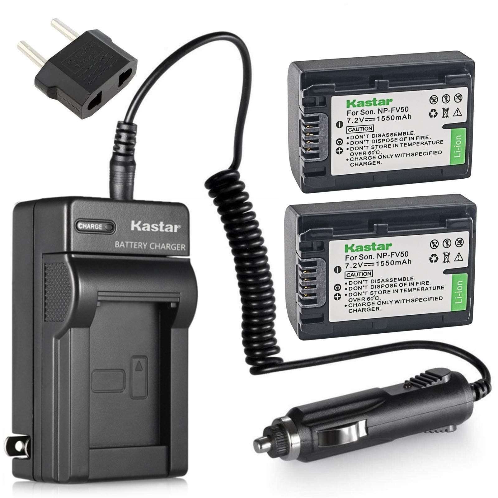 Kastar 2-Pack NP-FV50 Battery + AC Wall Charger with Car Adapter & Europ Plug