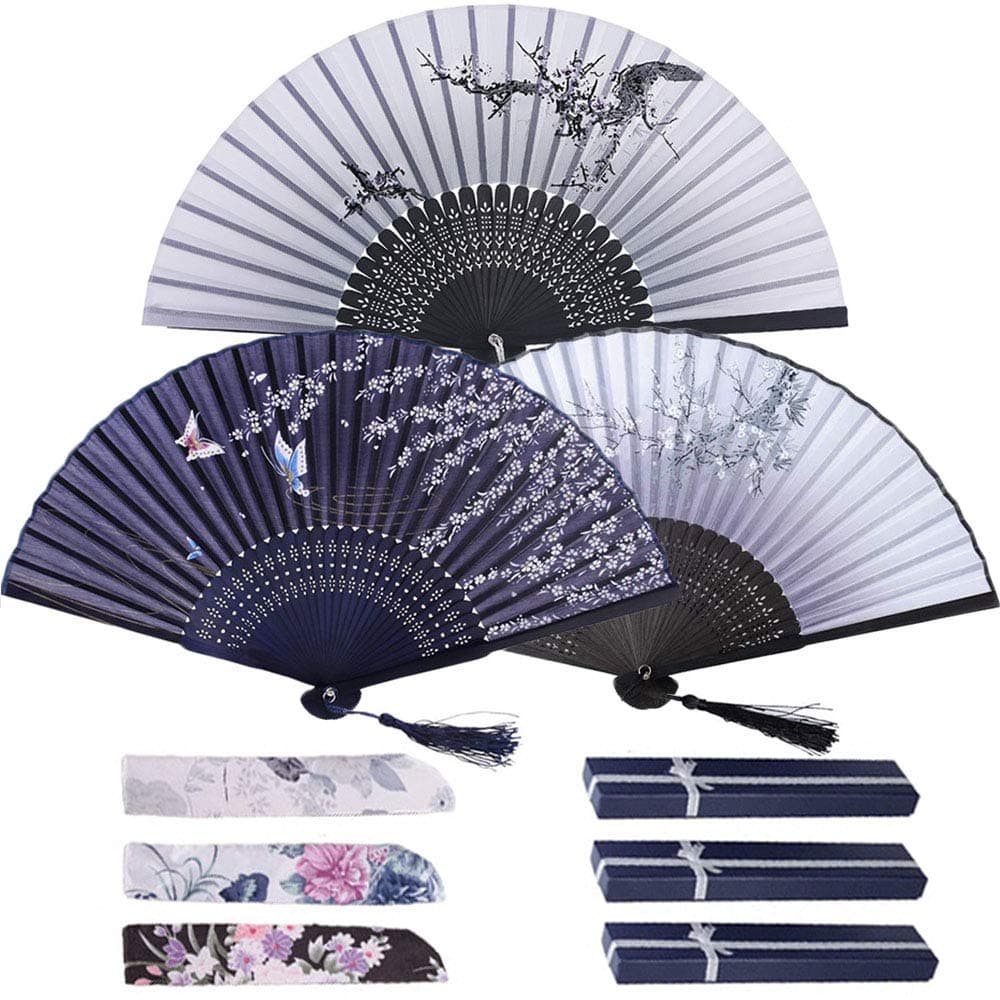 Evance Silk Folding Fans, Handheld Fans Bamboo Fans with Tassel Women's Hollowed Bamboo Hand Holding Fans for Wedding Party Props Wall Decoration (Set A)