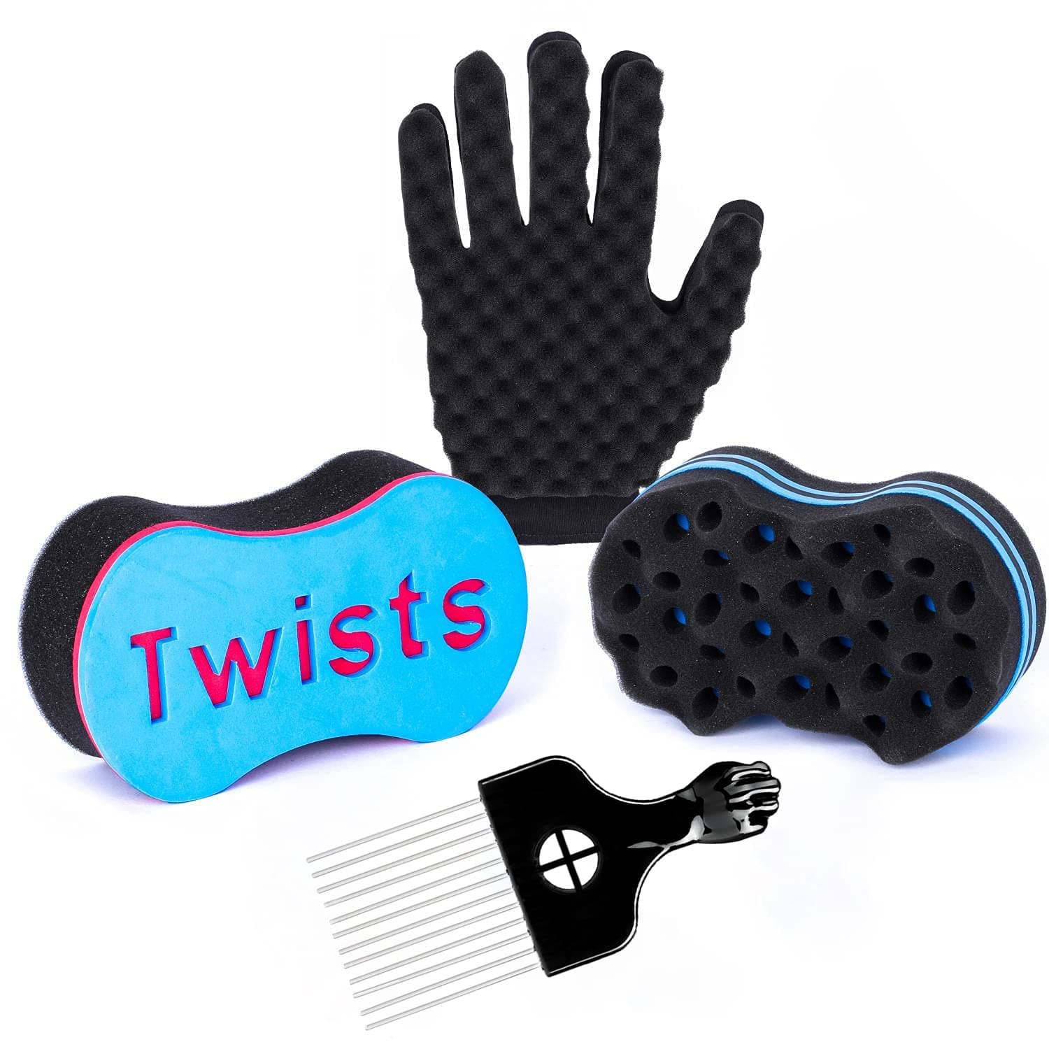 4Pcs Hair Sponge Set - Supaze Magic Twist Hair Sponge Brush with 1 Free Extra Long Hair Pick for Afro Hair, Curling Sponge Glove (Right Hand) for Men Women Curls