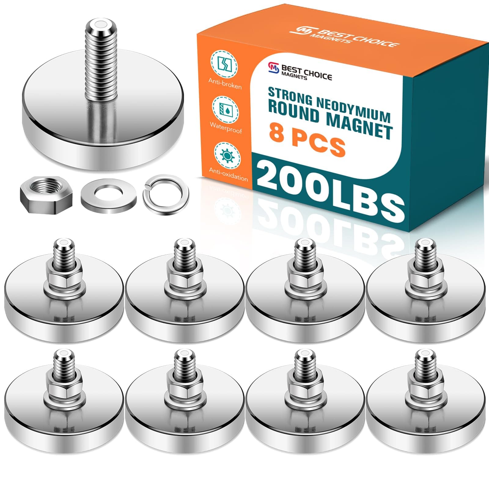 Super Strong Neodymium Round Magnet with M8 Male Thread Nuts Bolts 200 lb Corrosion-Resistant Mounting Magnet for Lighting Camera and Other Brackets Outdoor Tools 44mm D - 8 Packs